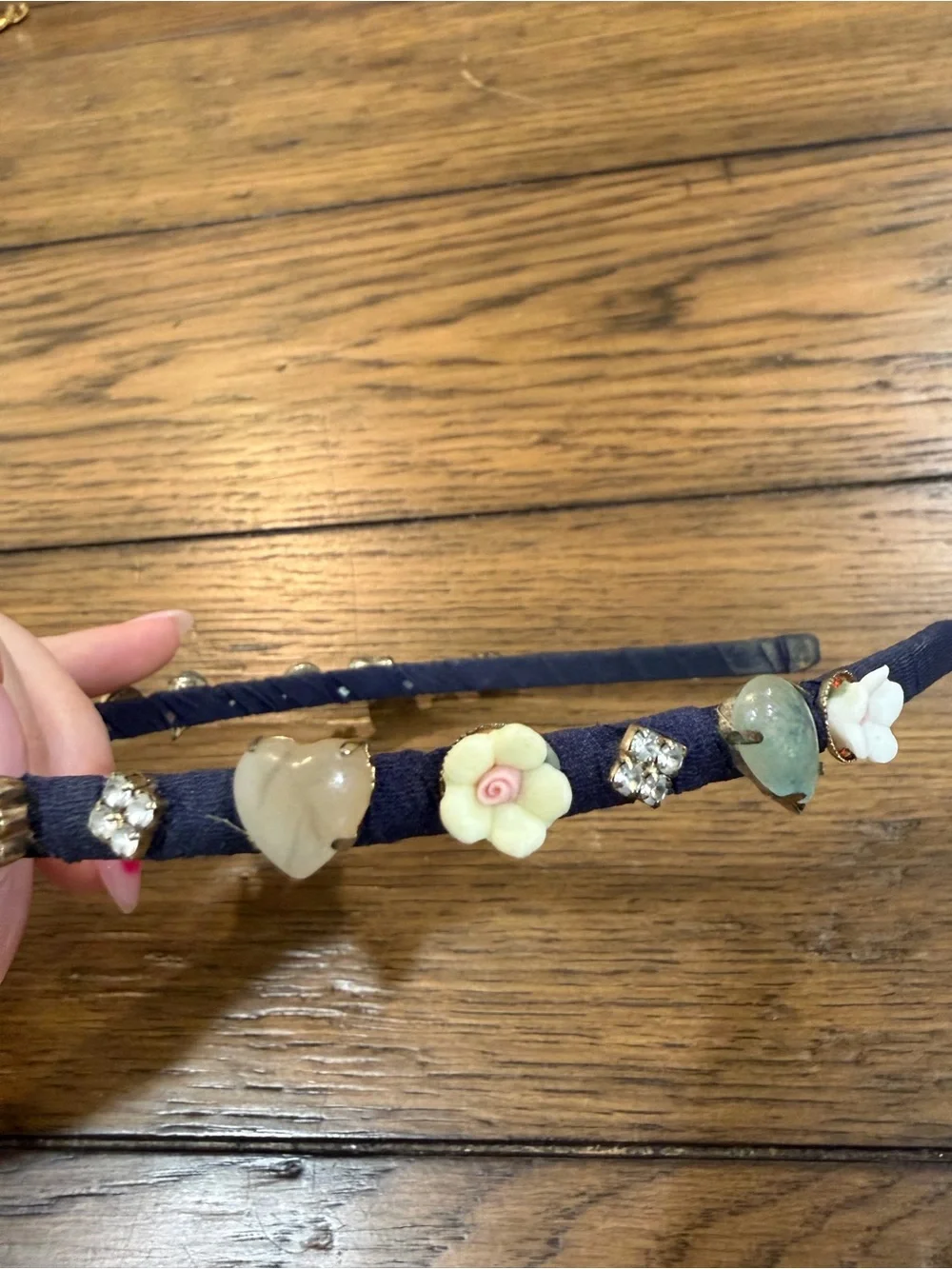 Gemstone Navy Fabric Headband with Mint Floral & Pearl Accents